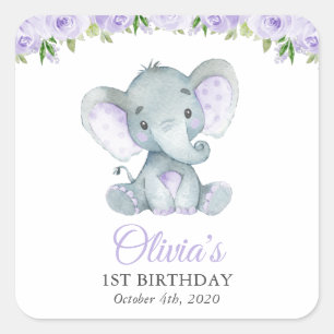 Sticker Carré Eléphant mignon, Fleurs pourpres, Premier Annivers