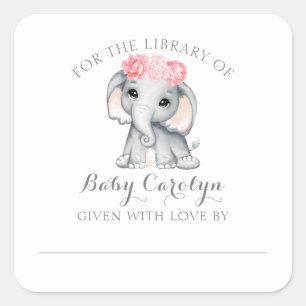 Sticker Carré Eléphant mignon pour la bibliothèque de livres