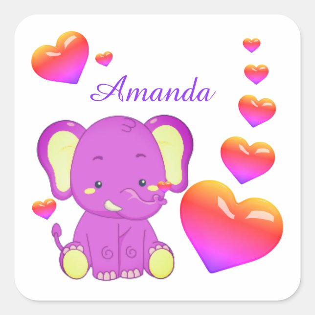 Sticker Carré Eléphant mignon rose pourpre Coeurs fille Carré St (Devant)