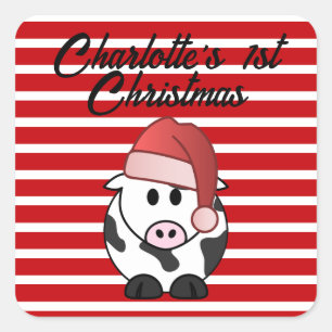 Sticker Carré Eléphant personnalisé 1er Noël Baby Girl Red