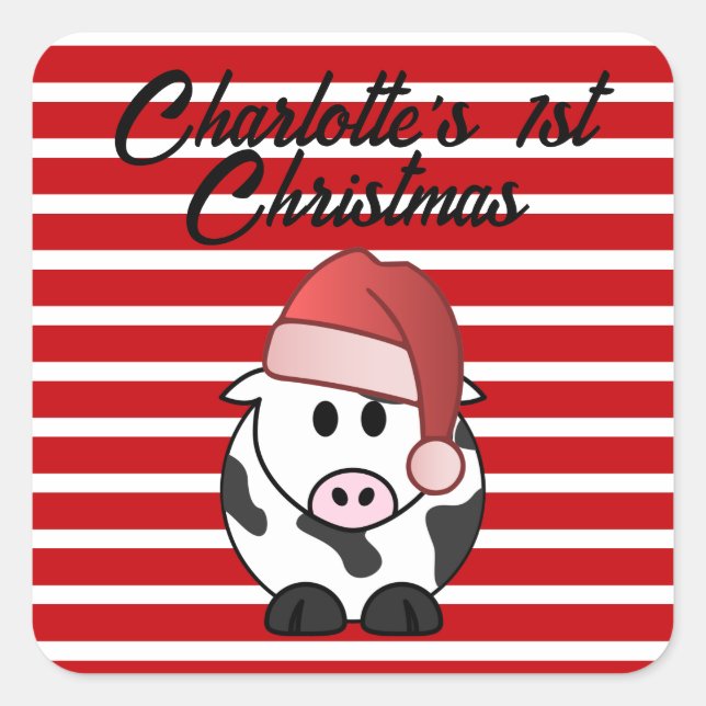 Sticker Carré Eléphant personnalisé 1er Noël Baby Girl Red (Devant)