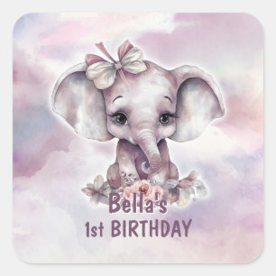 Sticker Carré Eléphant rose mignon 1er Anniversaire Enveloppe de