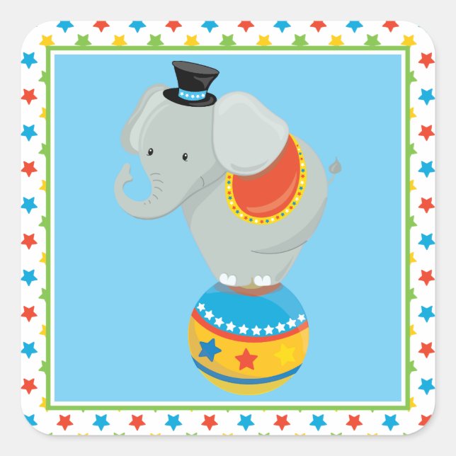 Sticker Carré Elephant sur la balle | Thème cirque (Devant)
