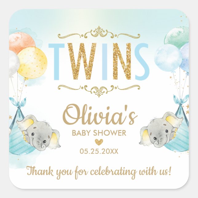 Sticker Carré Elephant Twin Boys Baby shower Merci Favor (Devant)