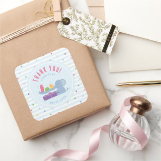 Sticker Carré Elephant with Gifts Birthday Party Thank You