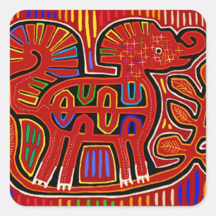 Sticker Carré Éléphanteau indien Kuna - Art populaire Mola