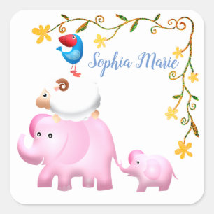 Sticker Carré Eléphants, moutons et oiseaux Tour des animaux