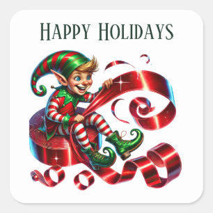 Sticker Carré elf de Noël ajouter le message Joyeuses fêtes