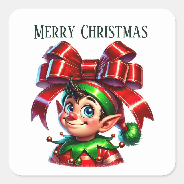 Sticker Carré elfe de Noël ajouter le message Joyeux Noël (Devant)