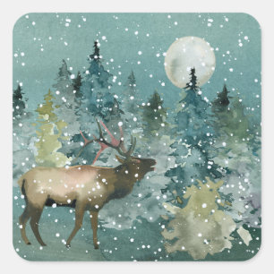 Sticker Carré Elk majestueux dans la Pleine lune forestière neig