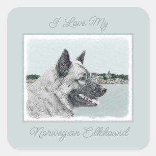 Sticker Carré Elkhound norvégien à la peinture de village - Chie