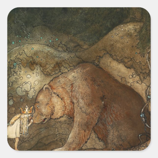 Sticker Carré "Elle a embrassé l'ours" par John Bauer (Devant)
