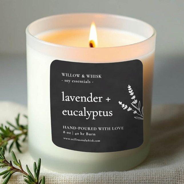 Sticker Carré Emballage de bougies Botanique Noir Blanc (product label personalized square black white botanical maker artisan crafter gifting)