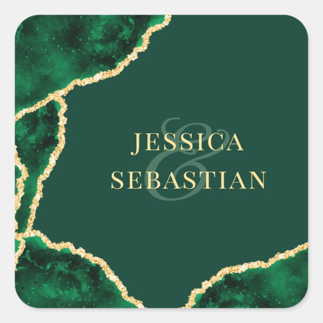 Sticker Carré Emerald Green & Gold Agate Mariage moderne (Devant)