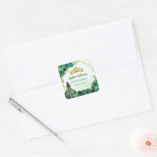Sticker Carré Emerald Green Gold Floral Princess Tiara Favor