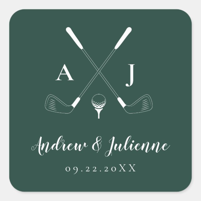 Sticker Carré Emerald Green Moderne Monogram Mariage de golf (Devant)