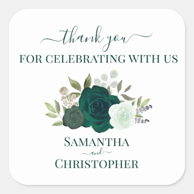 Sticker Carré Emerald Vert aquarelle Roses Mariage Merci  (Devant)