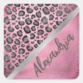 Sticker Carré Empreinte de léopard Glittery sur brillant rose ch