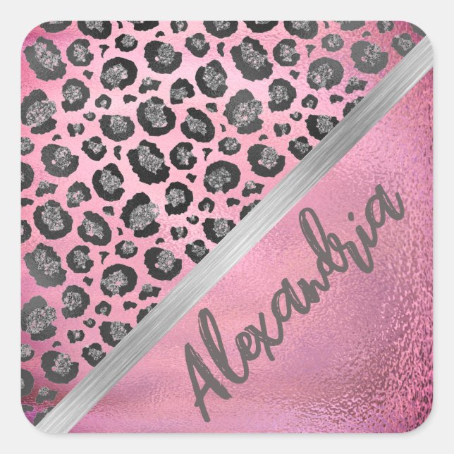 Sticker Carré Empreinte de léopard Glittery sur brillant rose ch (Devant)
