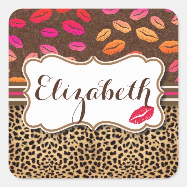 Sticker Carré Empreinte de léopard Lips Kisses Personnalisé (Devant)