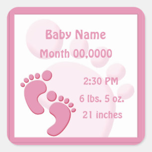 Sticker Carré Empreinte fille bébé petit pied Faire-part de nais
