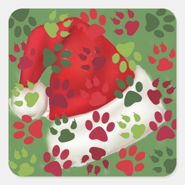 Sticker Carré Empreintes de pattes de Noël avec Santa Hat (Devant)