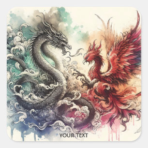 Sticker Carré Encre Imaginaire Dragon Phénix