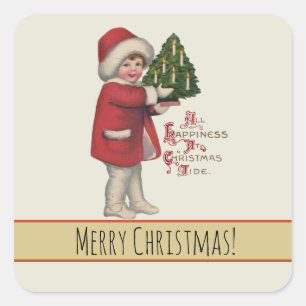 Sticker Carré Enfant avec arbre de Noël Illustration Vintage Art