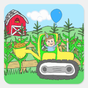 Sticker Carré Enfant d'anniversaire avec ballon dans le tracteur
