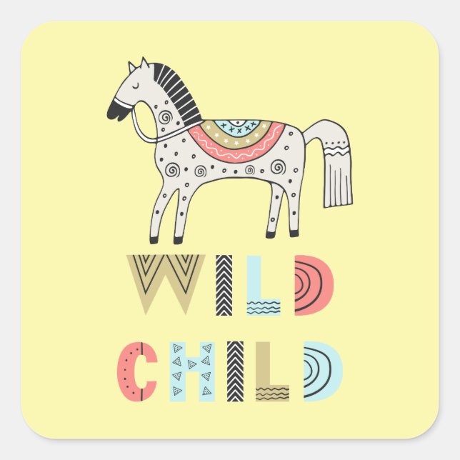 Sticker Carré Enfant sauvage Cheval Scandinave Pastel Jaune (Devant)