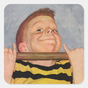 Sticker Carré Enfant vintage, Garçon Faisant Chin Ups, Sports D'