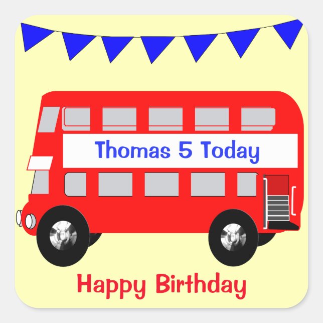Sticker Carré Enfants Big Red Bus Joyeux anniversaire (Devant)
