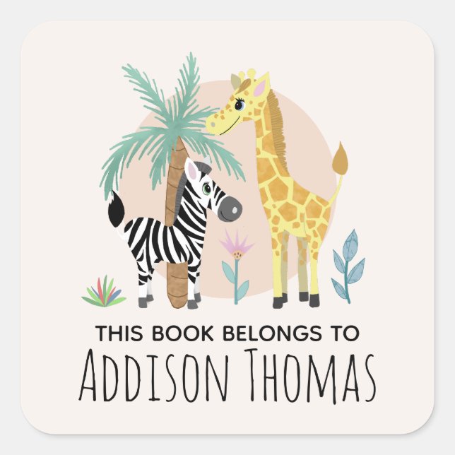 Sticker Carré Enfants Ce Livre Appartient Safari Animal Bookplat (Devant)