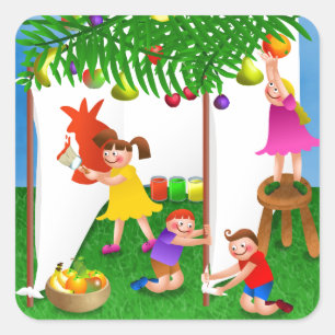 Sticker Carré Enfants célébrant le festin juif de Sukkot