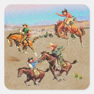 Sticker Carré Enfants cowboy vintages de l'Ouest à cheval