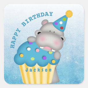 Sticker Carré Enfants Hippo Anniversaire Cupcake Sprinkings Pers