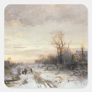 Sticker Carré Enfants jouant dans un paysage d'hiver