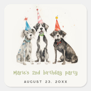 Sticker Carré Enfants mignons Aquarelle Chien mou Fête d'anniver
