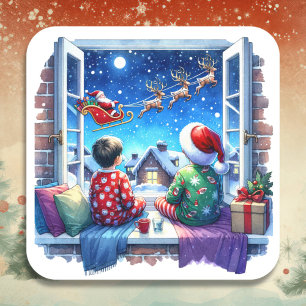 Sticker Carré Enfants regardant Père Noël Sleigh Christmas Eve