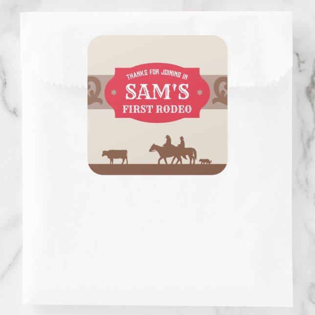 Sticker Carré Enfants Rodéo Rouge/Brown Western Anniversaire Par (Sac)