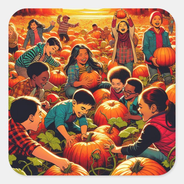 Sticker Carré Enfants s'amuser à la Citrouille Patch Halloween (Devant)