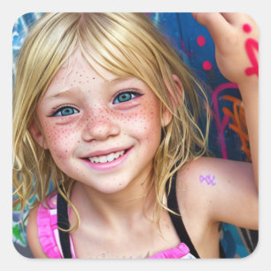 Sticker Carré Enfants tribaux   Cute Little Blonde avec Freckles