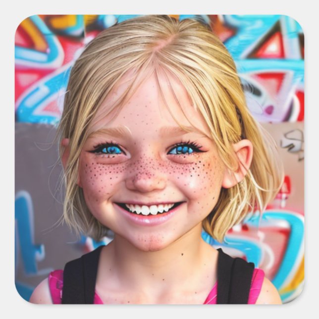 Sticker Carré Enfants tribaux | Joyeuse petite blonde avec des t (Devant)