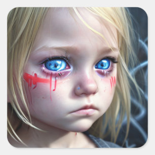 Sticker Carré Enfants tribaux   Petite fille blonde Gros yeux bl