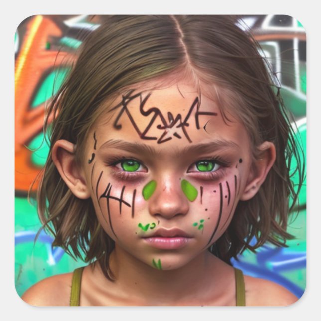 Sticker Carré Enfants tribaux | Urbaine futuriste fille yeux ver (Devant)