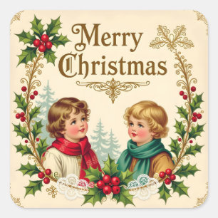 Sticker Carré Enfants victoriens Joyeux Noël vintage