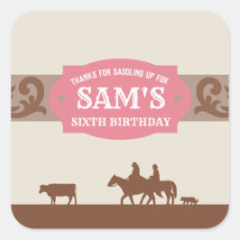 Sticker Carré Enfants Western Anniversaire fête rose/Merci Brown