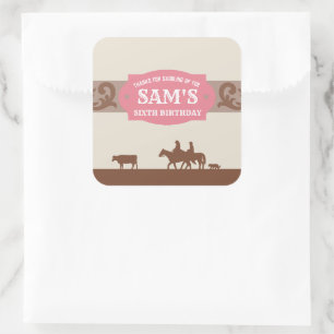 Sticker Carré Enfants Western Anniversaire fête rose/Merci Brown
