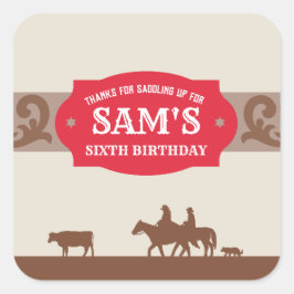 Sticker Carré Enfants Western Anniversaire fête Rouge/Merci Brow