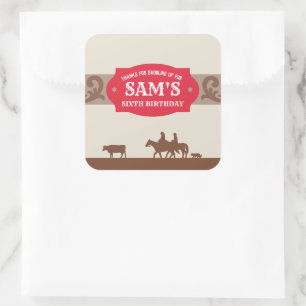 Sticker Carré Enfants Western Anniversaire fête Rouge/Merci Brow